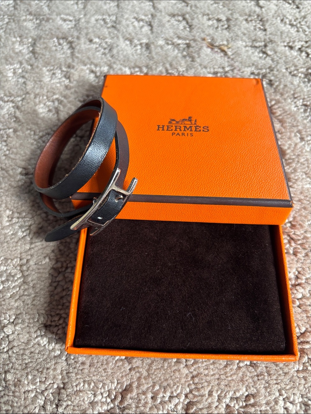 Hermes Double Tour Bracelet in Black with Brown Interior